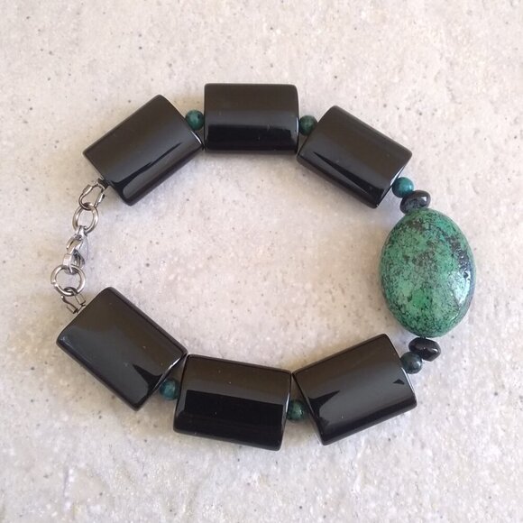 Bold Elegance: Black Jasper & Chrysocolla Heavy Bracelet! Wisdom & Protection - Picture 4 of 7